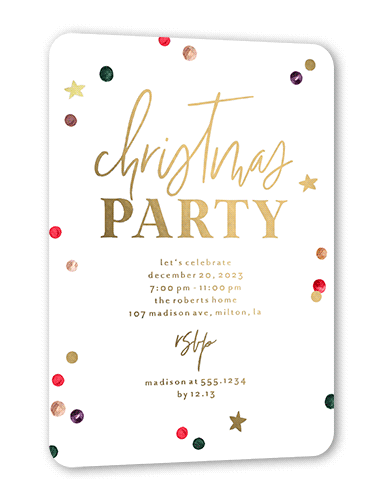 Painted Confetti Party Holiday Invitation, Gold Foil, White, 5x7, Matte, Personalized Foil Cardstock, Rounded, White