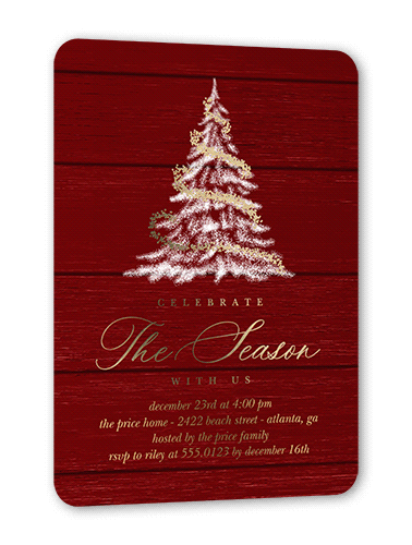 Tree Glow Holiday Invitation, Red, Gold Foil, 5x7, Christmas, Matte, Personalized Foil Cardstock, Rounded
