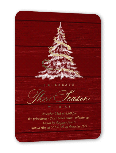 Tree Glow Holiday Invitation, Gold Foil, Red, 5x7, Christmas, Matte, Personalized Foil Cardstock, Rounded
