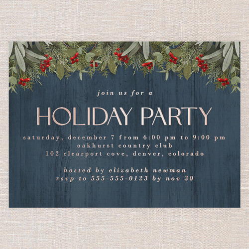 Merry Evergreen Holiday Invitation, Blue, Rose Gold Foil, 5x7, Holiday, Matte, Personalized Foil Cardstock, Square, Blue