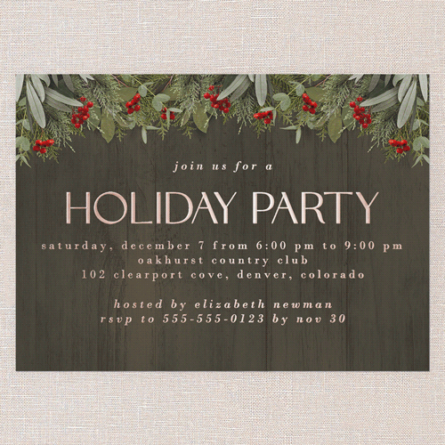 Merry Evergreen Holiday Invitation, Brown, Rose Gold Foil, 5x7, Holiday, Matte, Personalized Foil Cardstock, Square, Brown