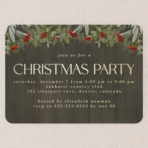 Merry Evergreen Holiday Invitation, Brown, Gold Foil, 5x7, Christmas, Matte, Personalized Foil Cardstock, Rounded, Brown