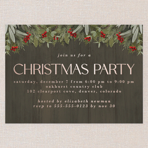 Merry Evergreen Holiday Invitation, Brown, Rose Gold Foil, 5x7, Christmas, Matte, Personalized Foil Cardstock, Square, Brown
