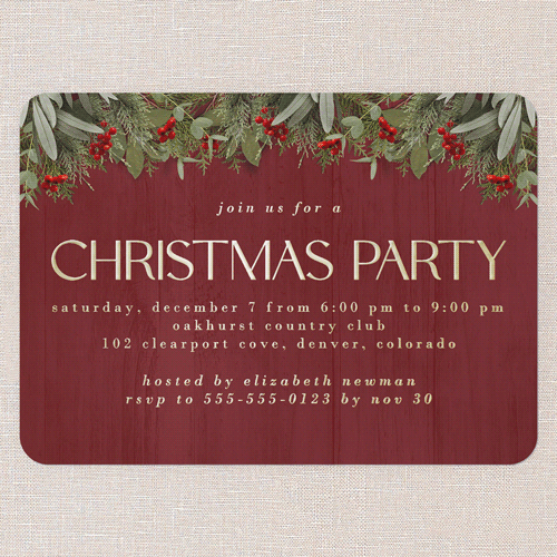 Merry Evergreen Holiday Invitation, Red, Gold Foil, 5x7, Christmas, Matte, Personalized Foil Cardstock, Rounded