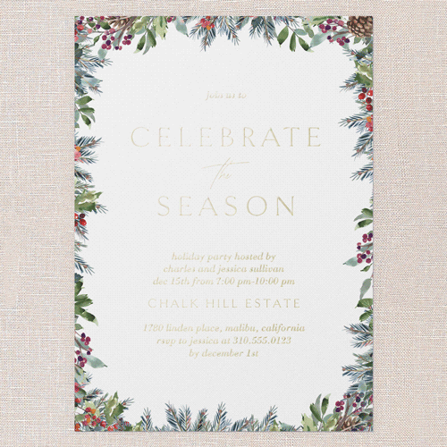 Evergreen Trim Holiday Invitation, White, Gold Foil, 5x7, Holiday, Matte, Personalized Foil Cardstock, Square, White