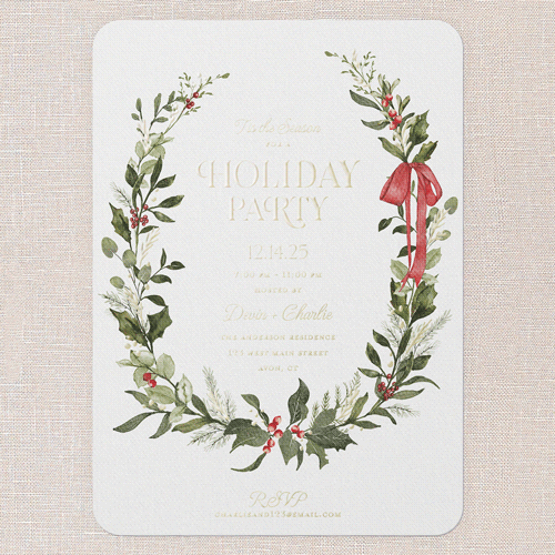 Ribbon Welcome Holiday Invitation, White, Gold Foil, 5x7, Holiday, Matte, Personalized Foil Cardstock, Rounded, White