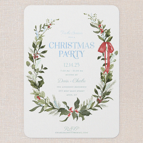 Ribbon Welcome Holiday Invitation, White, Iridescent Foil, 5x7, Christmas, Matte, Personalized Foil Cardstock, Rounded, White