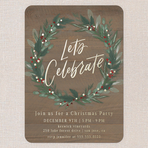 Cheerful Wreath Holiday Invitation, Gold Foil, Brown, 5x7, Christmas, Matte, Personalized Foil Cardstock, Rounded, Clove