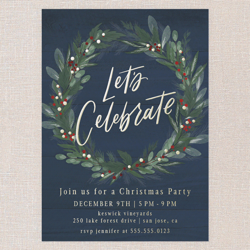 Cheerful Wreath Holiday Invitation, Gold Foil, Blue, 5x7, Christmas, Matte, Personalized Foil Cardstock, Square, Indigo