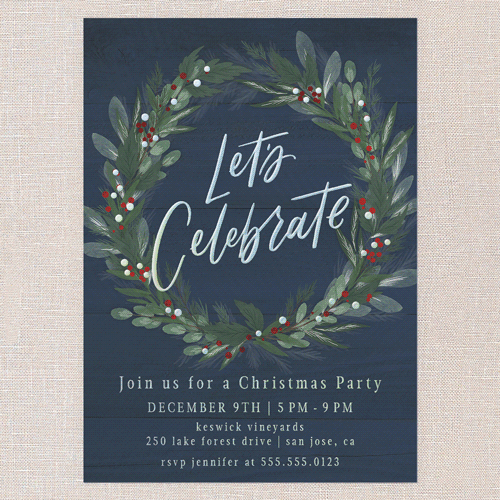 Cheerful Wreath Holiday Invitation, Iridescent Foil, Blue, 5x7, Christmas, Matte, Personalized Foil Cardstock, Square, Indigo