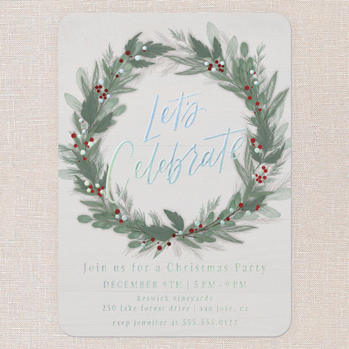Cheerful Wreath Holiday Invitation, Iridescent Foil, Beige, 5x7, Christmas, Matte, Personalized Foil Cardstock, Rounded, Cream