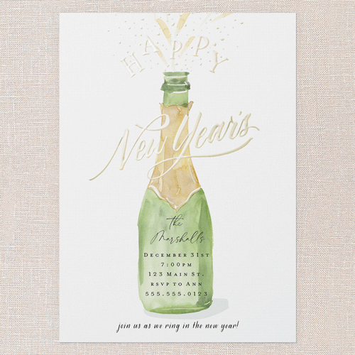 Champagne Splash Holiday Invitation, White, Gold Foil, 5x7, New Year, Matte, Personalized Foil Cardstock, Square, White