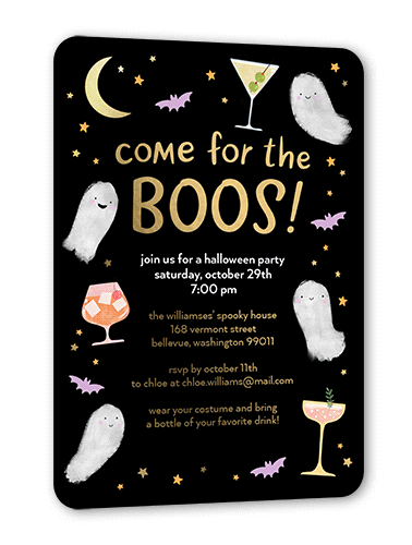 Come for the Boos Halloween Invitation, Gold Foil, Black, 5x7, Matte, Personalized Foil Cardstock, Rounded