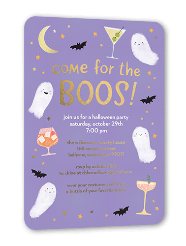 Come for the Boos Halloween Invitation, Gold Foil, Purple, 5x7, Matte, Personalized Foil Cardstock, Rounded