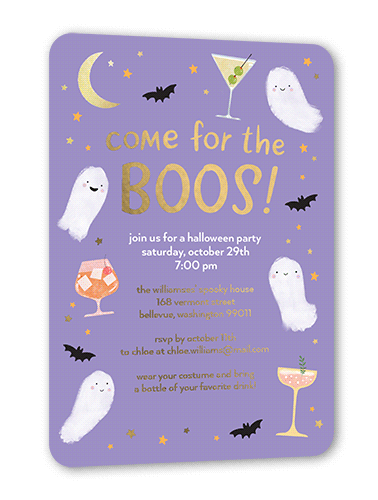 Come for the Boos Halloween Invitation, Gold Foil, Purple, 5x7, Matte, Personalized Foil Cardstock, Rounded, Lavender