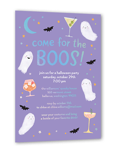 Come for the Boos Halloween Invitation, Iridescent Foil, Purple, 5x7, Matte, Personalized Foil Cardstock, Square