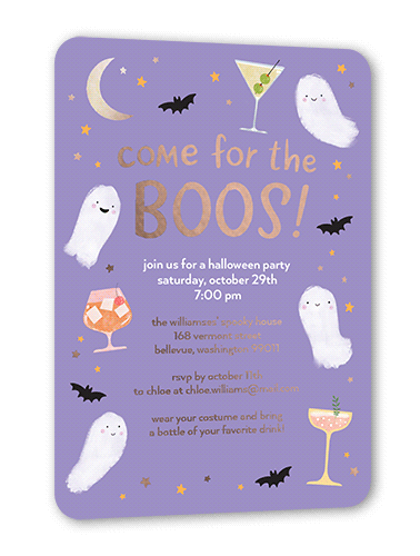 Come for the Boos Halloween Invitation, Purple, Rose Gold Foil, 5x7, Matte, Personalized Foil Cardstock, Rounded