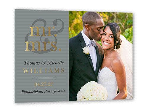 Classic Ampersand Wedding Announcement, Grey, Gold Foil, 5x7, Matte, Personalized Foil Cardstock, Square, Cement