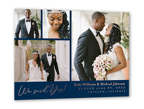 Affectionate Gallery Wedding Announcement, Blue, Rose Gold Foil, 5x7, Matte, Personalized Foil Cardstock, Square