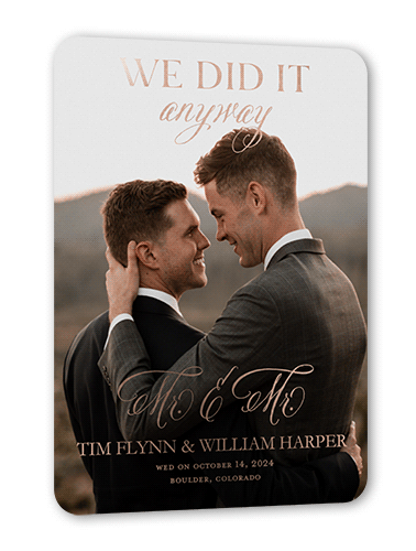 We Did It Anyway Mr Wedding Announcement, Black, Rose Gold Foil, 5x7, Matte, Personalized Foil Cardstock, Rounded