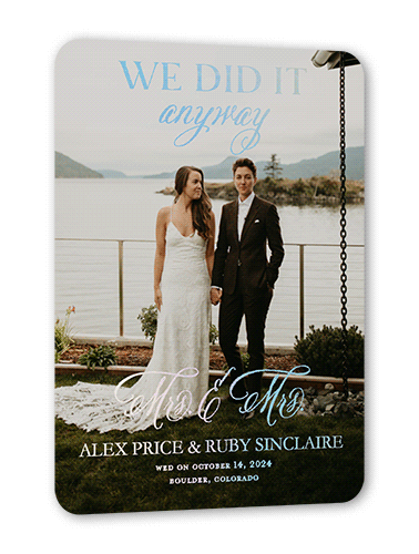 We Did It Anyway Mrs Wedding Announcement, Iridescent Foil, Black, 5x7, Matte, Personalized Foil Cardstock, Rounded