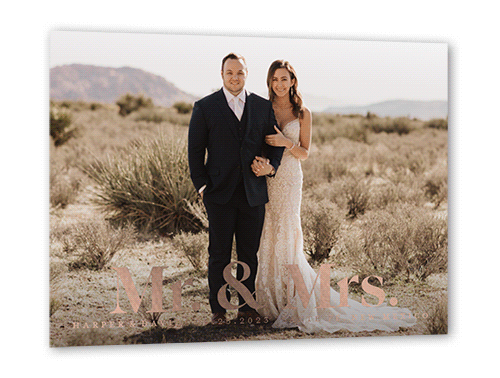 Mr. & Mrs. Modern Wedding Announcement, Rose Gold Foil, Black, 5x7, Matte, Personalized Foil Cardstock, Square