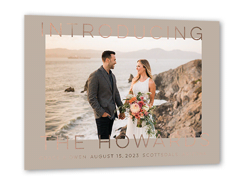 Big Intro Wedding Announcement, Beige, Rose Gold Foil, 5x7, Matte, Personalized Foil Cardstock, Square