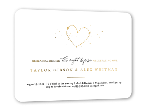 Night Before Rehearsal Dinner Invitation, Gold Foil, White, 5x7, Matte, Personalized Foil Cardstock, Rounded, White