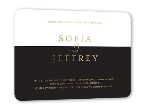 Dazzling Duet Rehearsal Dinner Invitation, Gold Foil, Black, 5x7, Matte, Personalized Foil Cardstock, Rounded, Black