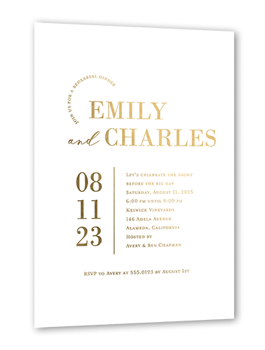 Adorned Accent Rehearsal Dinner Invitation, White, Gold Foil, 5x7, Matte, Personalized Foil Cardstock, Square, White