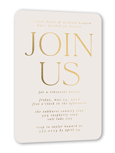 Brightly Joined Rehearsal Dinner Invitation, Gold Foil, Beige, 5x7, Matte, Personalized Foil Cardstock, Rounded, Cream
