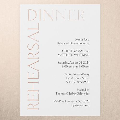 Gleaming Headline Rehearsal Dinner Invitation, White, Rose Gold Foil, 5x7, Matte, Personalized Foil Cardstock, Square, White