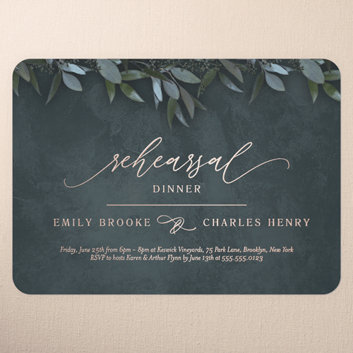 Laurel Embrace Rehearsal Dinner Invitation, Green, Rose Gold Foil, 5x7, Matte, Personalized Foil Cardstock, Rounded, Leafy