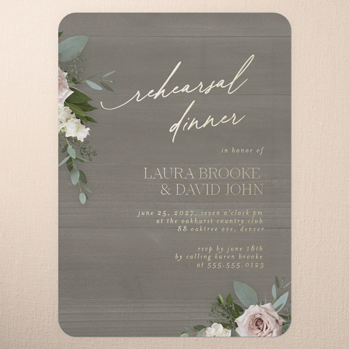 Classic Bouquet Rehearsal Dinner Invitation, Gold Foil, Gray, 5x7, Matte, Personalized Foil Cardstock, Rounded, Gray