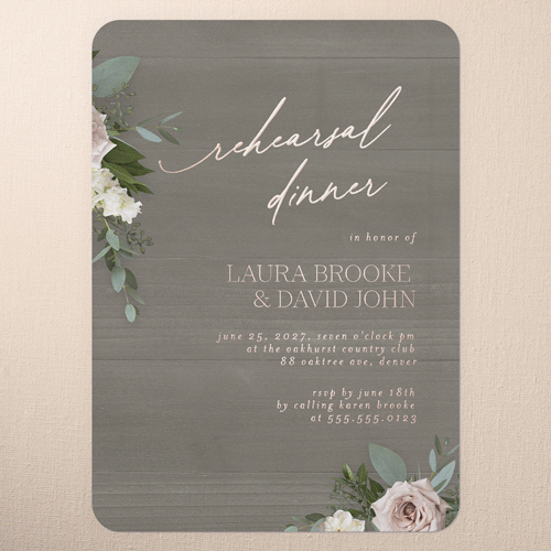 Classic Bouquet Rehearsal Dinner Invitation, Gray, Rose Gold Foil, 5x7, Matte, Personalized Foil Cardstock, Rounded