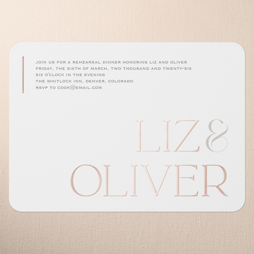 Classic Gleam Rehearsal Dinner Invitation, White, Rose Gold Foil, 5x7, Matte, Personalized Foil Cardstock, Rounded, White