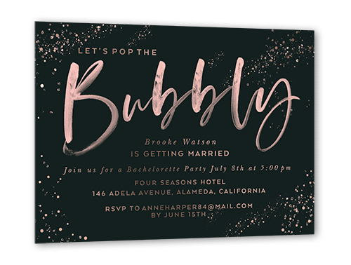 Bubbly Watercolor Bachelorette Party Invitation, Rose Gold Foil, Black, 5x7, Matte, Personalized Foil Cardstock, Square