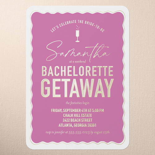 Bubbly Bliss Bachelorette Party Invitation, Gold Foil, Pink, 5x7, Matte, Personalized Foil Cardstock, Rounded