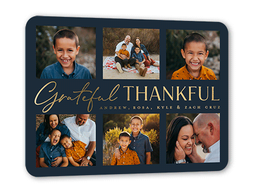 Grateful and Thankful Fall Greeting, Gold Foil, Blue, 5x7, Matte, Personalized Foil Cardstock, Rounded