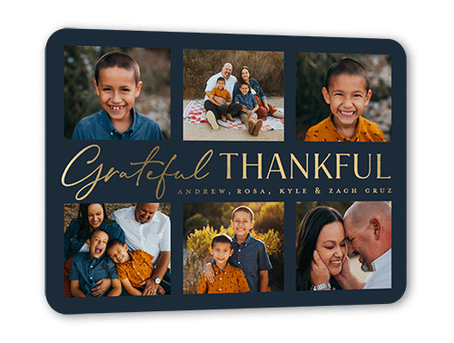Grateful and Thankful Fall Greeting, Gold Foil, Blue, 5x7, Matte, Personalized Foil Cardstock, Rounded, Navy