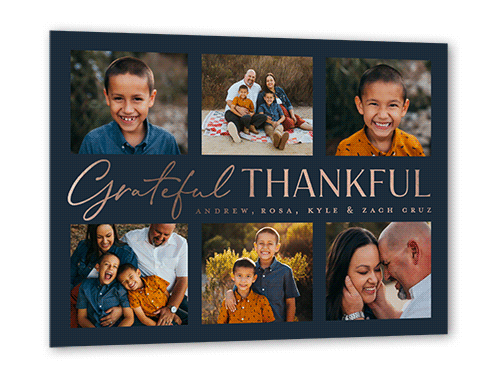 Grateful and Thankful Fall Greeting, Rose Gold Foil, Blue, 5x7, Matte, Personalized Foil Cardstock, Square