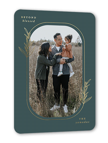 Oval Leaves Fall Greeting, Blue, Gold Foil, 5x7, Matte, Personalized Foil Cardstock, Rounded, Seafoam