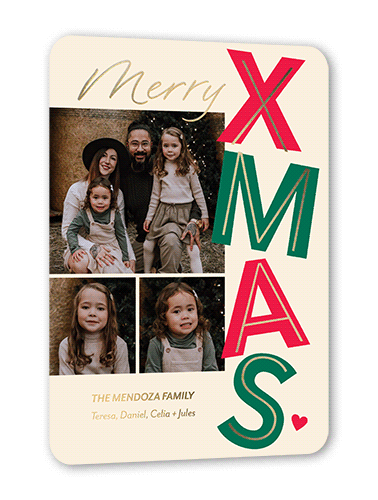 Large Xmas Christmas Card, Gold Foil, Beige, 5x7, Christmas, Matte, Personalized Foil Cardstock, Rounded
