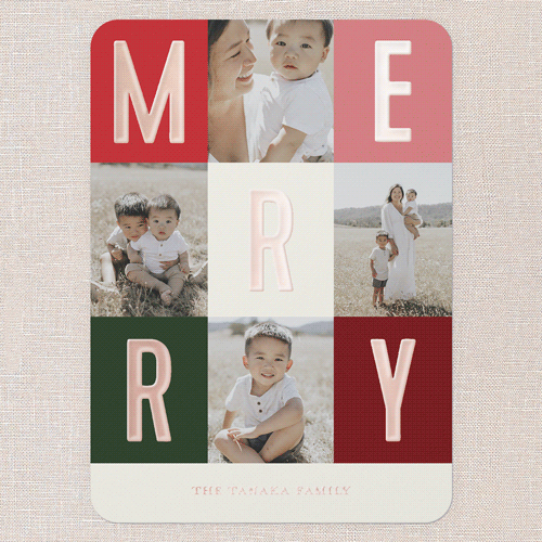 Modern Colorblock Merriment Christmas Card, Rose Gold Foil, Red, 5x7, Christmas, Matte, Personalized Foil Cardstock, Rounded, Red