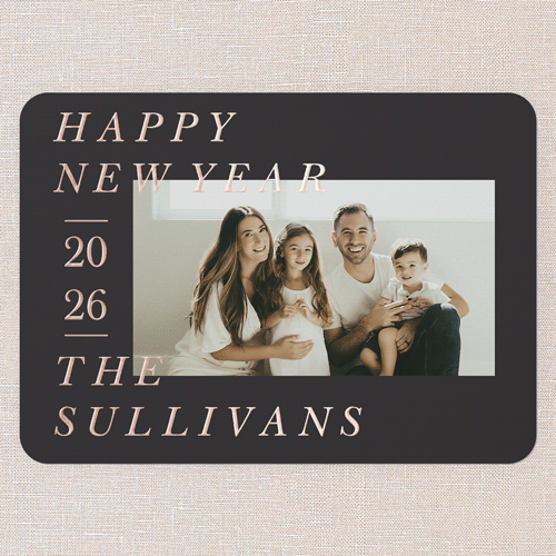 Editable Foil Type New Year's Card, Black, Rose Gold Foil, 5x7, New Year, Matte, Personalized Foil Cardstock, Rounded, Black