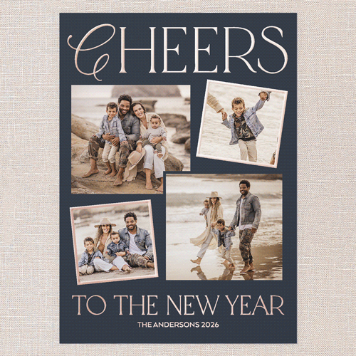 Elegant Cheers New Year's Card, Rose Gold Foil, Blue, 5x7, New Year, Matte, Personalized Foil Cardstock, Square, Navy