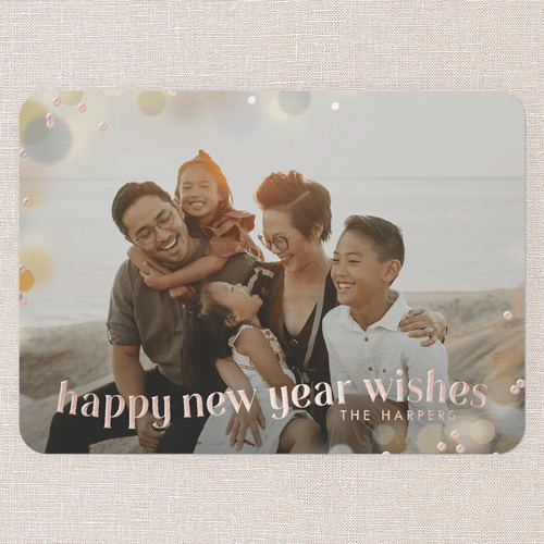 Golden Cheer New Year's Card, Rose Gold Foil, Yellow, 5x7, New Year, Matte, Personalized Foil Cardstock, Rounded, Polenta