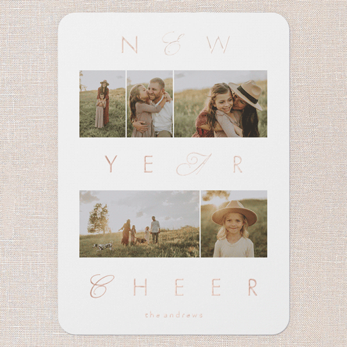 Golden Script Cheer New Year's Card, Rose Gold Foil, White, 5x7, New Year, Matte, Personalized Foil Cardstock, Rounded, White