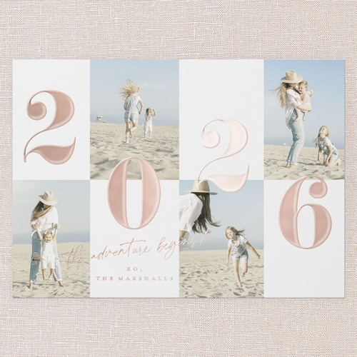 Adventure Grid New Year's Card, Rose Gold Foil, Beige, 5x7, New Year, Matte, Personalized Foil Cardstock, Square, Limestone