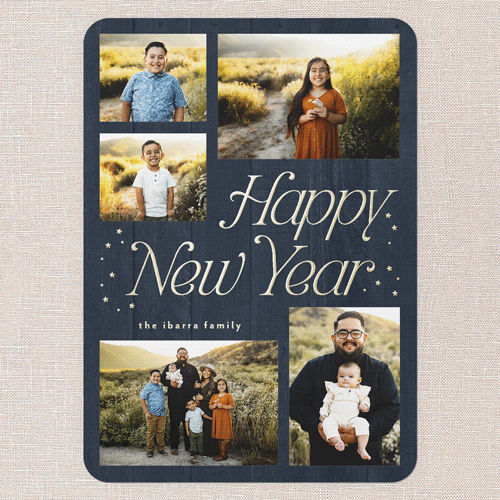 Starry Greeting New Year's Card, Blue, Gold Foil, 5x7, New Year, Matte, Personalized Foil Cardstock, Rounded, Blue